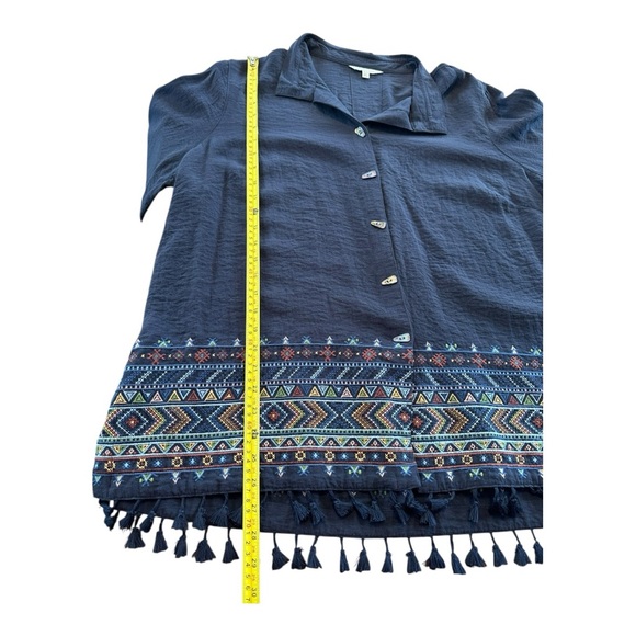 John Mark Embroidered Tassel Hem Button Front Blouse Navy 0X Plus Sz Boho Aztec - Picture 8 of 16